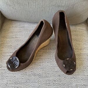 Tory Burch Brown Wedge Shoes with Peep-Toe Design